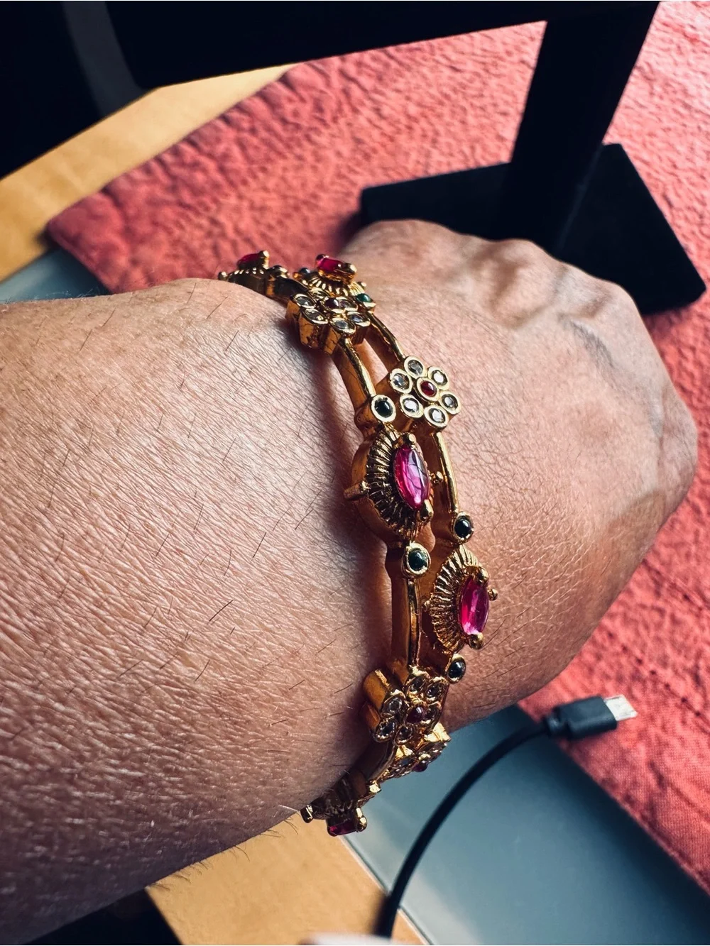 Gold-Tone Pink Floral Bangles for size 2.4/2.6 wrist Anti tarnish